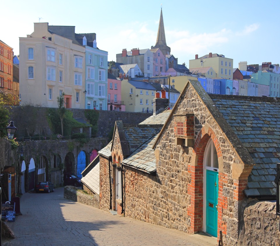 View of colorful houses in Tenby, Wales.