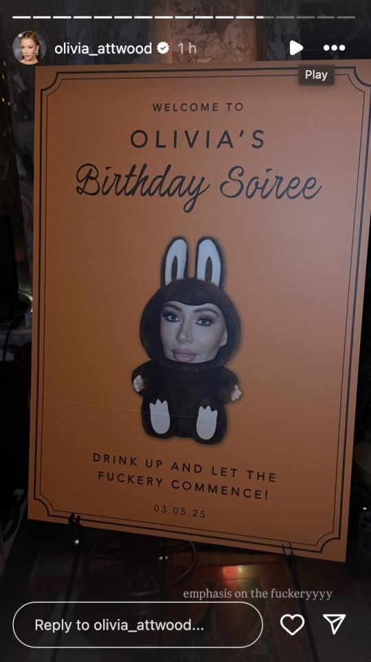 Olivia Attwood's birthday party sign.