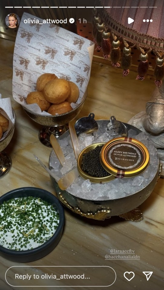 Olivia Attwood's birthday caviar and appetizers.