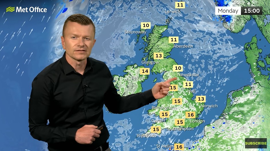 Weather forecast map of the UK with temperatures.