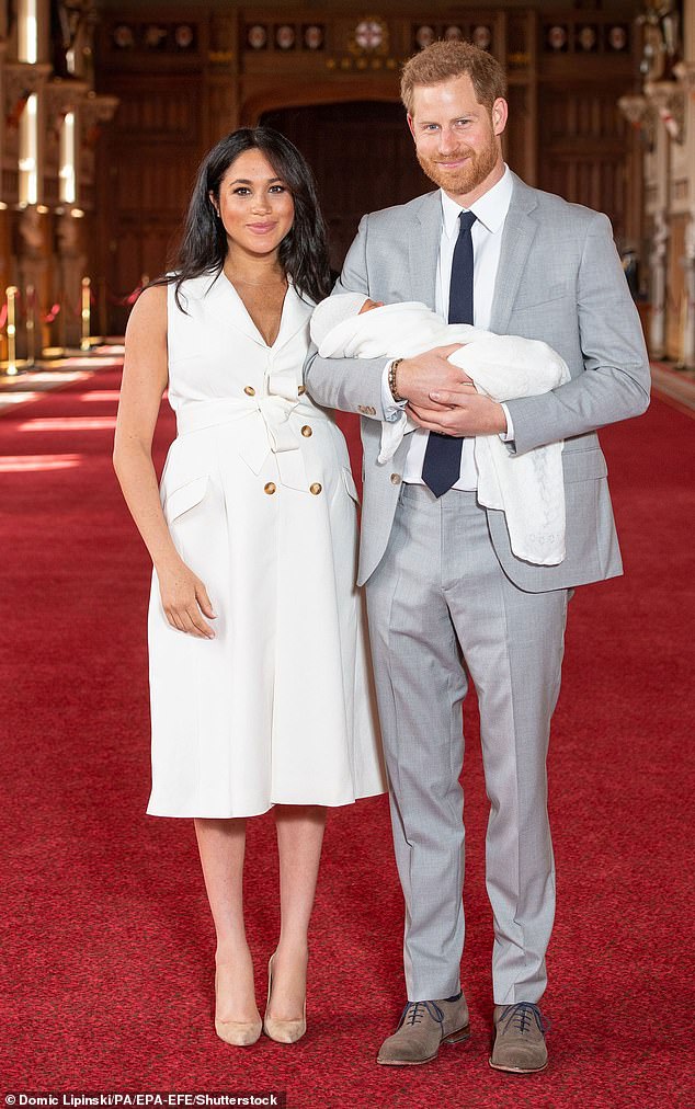 Palace insiders said Harry's TV outburst risked deepening the rift with his family, adding that his comment about the King's cancer, saying he 'doesn't know how much longer he has left', was in particularly poor taste. Pictured: Prince Harry (R) and Meghan Duchess of Sussex pose together with their newborn son Archie in 2019