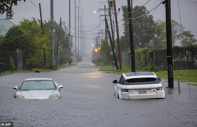 The siren weather alerts that screeched through the mobile phone network every day in Louisiana were quite discombobulating, says Shulman. Pictured: Floods during Hurricane Francine in New Orleans, Louisiana, 2024