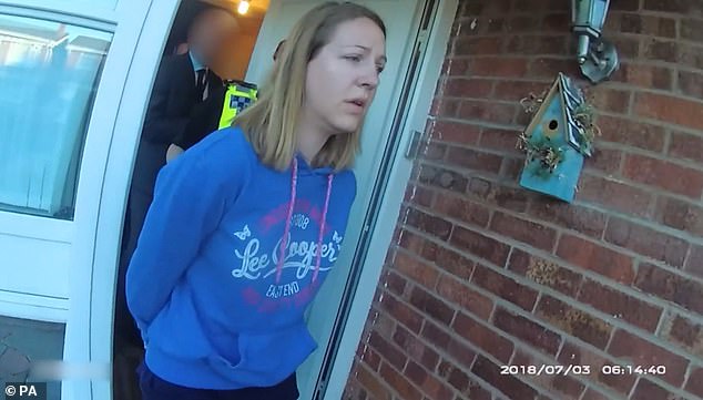 Letby's (pictured during her arrest in 2018) conviction leant heavily on the statistical likelihood of her being on duty at the time of 25 deaths and collapses