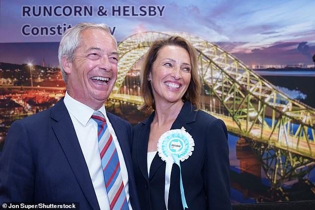Is Labour becoming an urban rump of privileged graduates, cut off from its base? Increasingly. Will the Tories be swept away? Not necessarily. Pictured: Nigel Farage poses for a picture with winnning candidate Sarah Pochin as Reform beats Labour by six votes to take Runcorn in the Runcorn and Helsby by-election