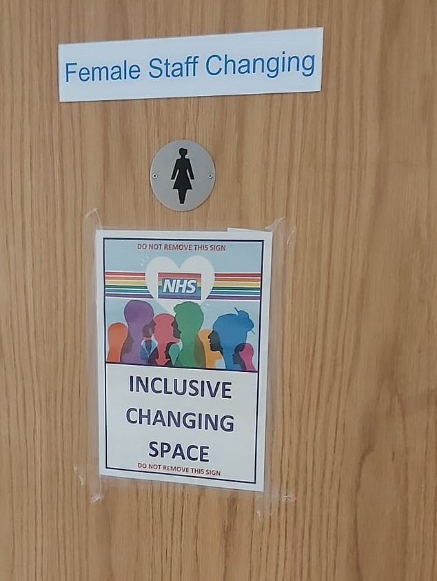 An inclusive changing space sign at an NHS facility, allowing trans women to use the women's room