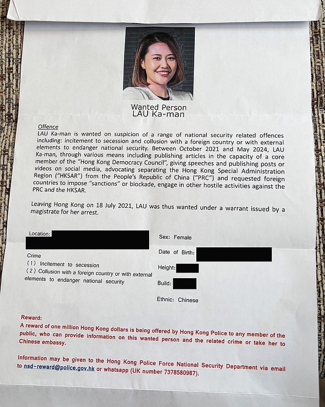 The development came after leaflets were posted through the letterboxes of Ms Lau's neighbours in Berkshire, purporting to be from Hong Kong police