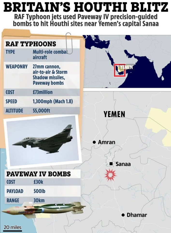 Illustration of RAF Typhoon jets bombing Houthi sites near Sanaa, Yemen.