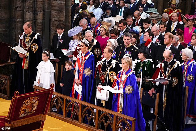 The Wales Family sit in the front row near the High Altar alongside the Duke and Duchess of Edinburgh
