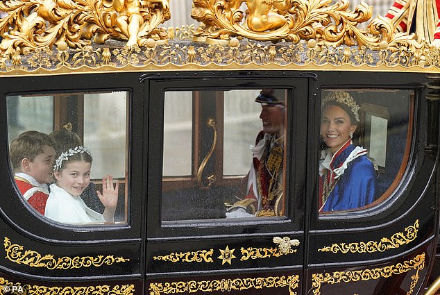 After the ceremony, Princess Charlotte dutifully took her place in the first carriage behind the Gold State Coach next to her brothers and opposite her parents