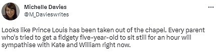 Royal fans quickly caught on to the fact that Prince Louis had left his seat, and noted the ceremony would be too long for a five-year-old