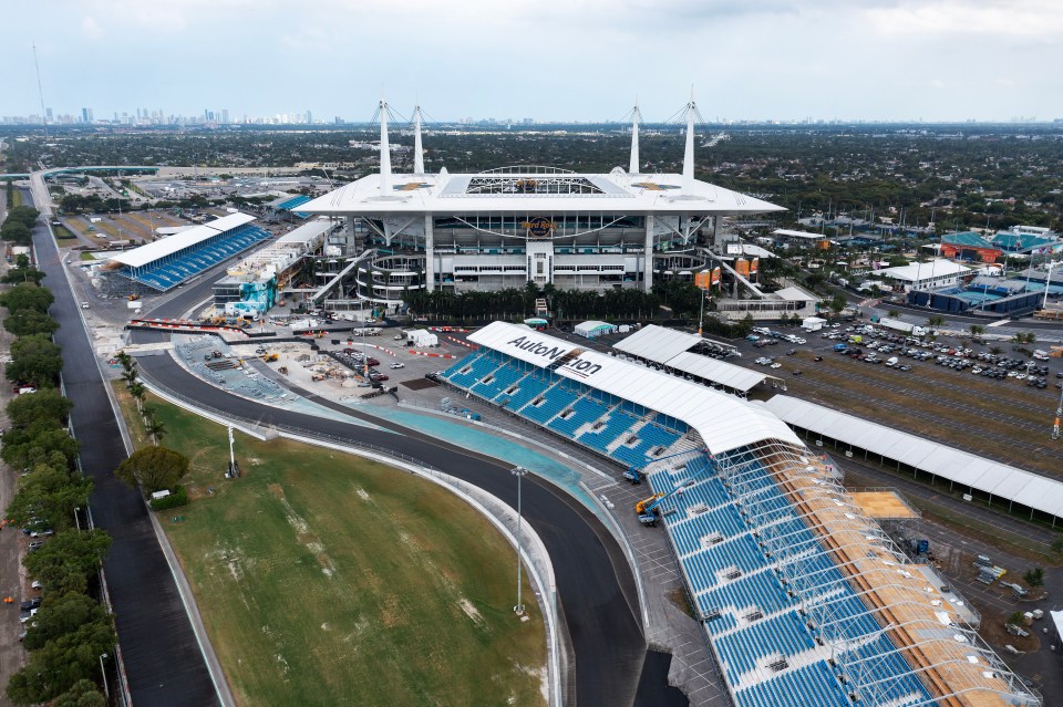 Aerial view of Hard Rock Stadium in Miami Gardens, Florida, with a temporary Formula 1 racetrack surrounding it.