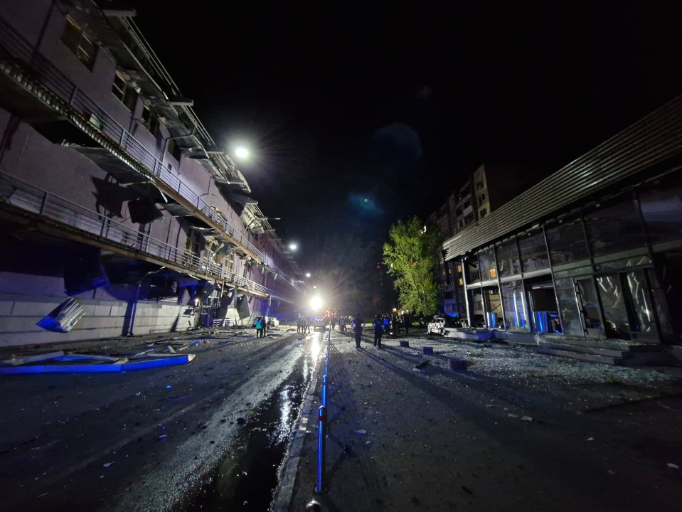 Damage to buildings in Kyiv, Ukraine, after a drone strike.