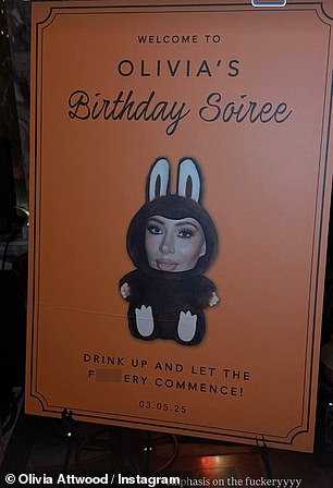 The welcome sign for her party also featured an image of her face as a Labubu, as the theme of the party centred around the viral craze