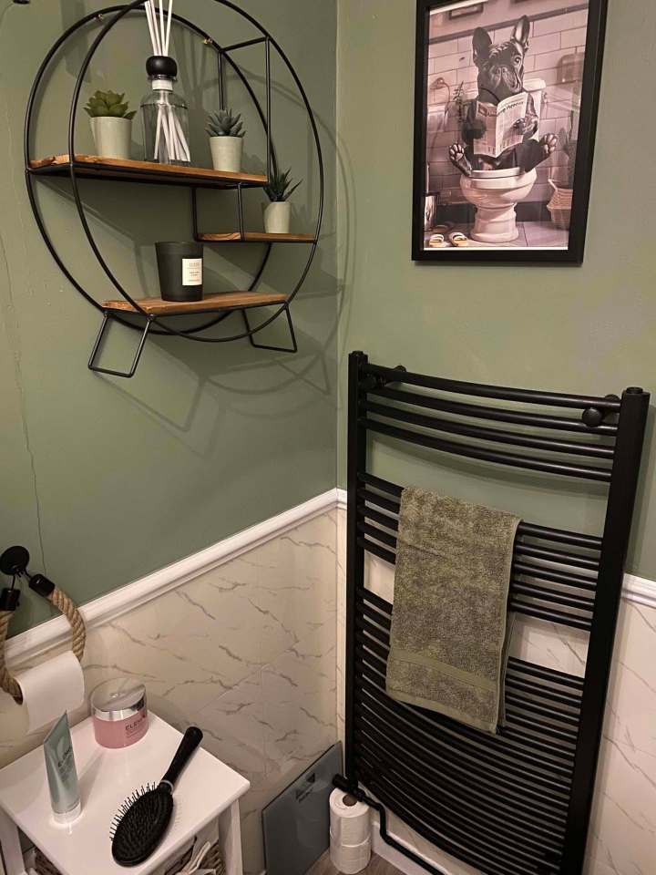 Bathroom makeover with green walls, black shelving, and a framed print of a dog reading a newspaper on a toilet.