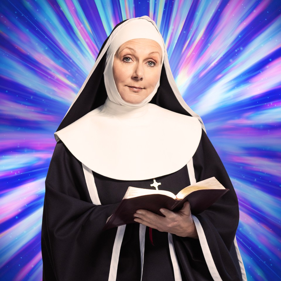 Nun holding a Bible against a colorful background.