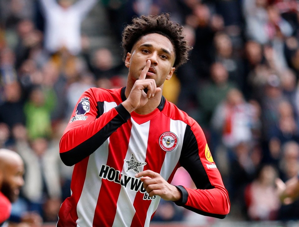Brentford's Kevin Schade celebrates scoring a goal.
