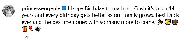 Referring to her husband as her 'hero' in a message alongside her Instagram post, Eugenie wished him a 'happy birthday'
