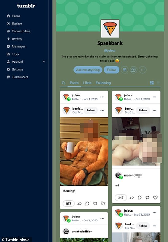 The Tumblr account 'jrdeux' includes reposts of hundreds of sexually explicit images, like the censored ones above