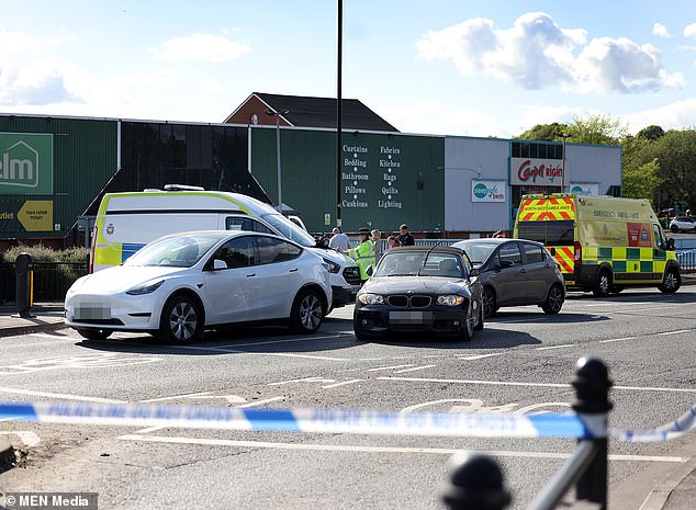 Emergency services were first called to Woodgate Avenue, where three people – one of them a child – were struck by a car. All three were taken to hospital with minor injuries and have since been discharged