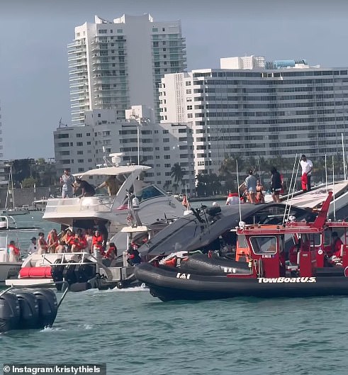 But chaos erupted when the $4.5million yacht started rapidly tipping over and sinking, quickly turning the flashy outing into a dire situation