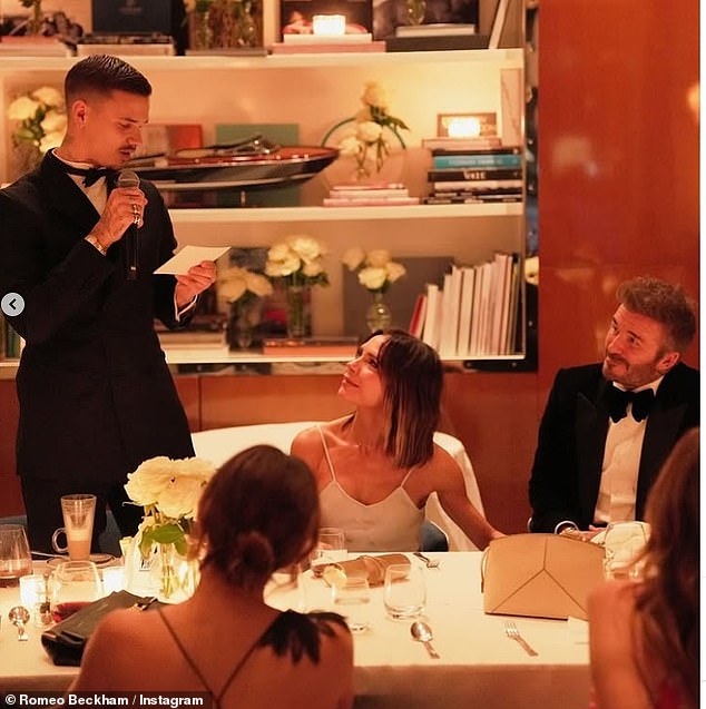 Romeo also stepped up at David's pre-birthday celebrations in Miami last month as he was pictured giving another speech