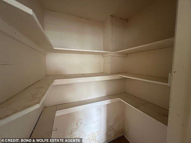 A bare cupboard shows stained walls and dirty shelves