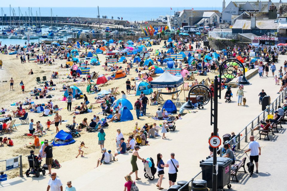 Crowded beach with people sunbathing, swimming, and relaxing.