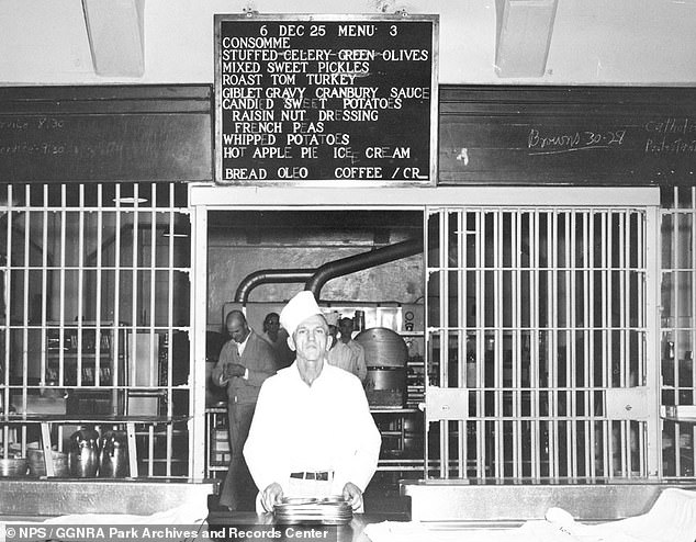 One image captures a prison chef at Alcatraz with a Christmas menu from 1950 outlined above him