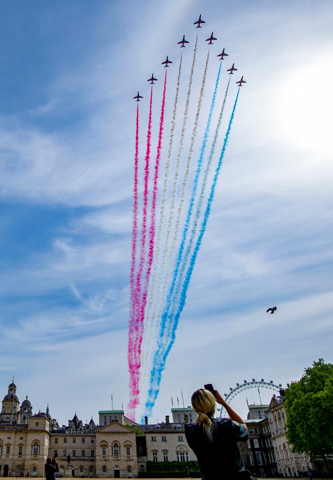 Red Arrows flypast over Horse Guards Parade, London.