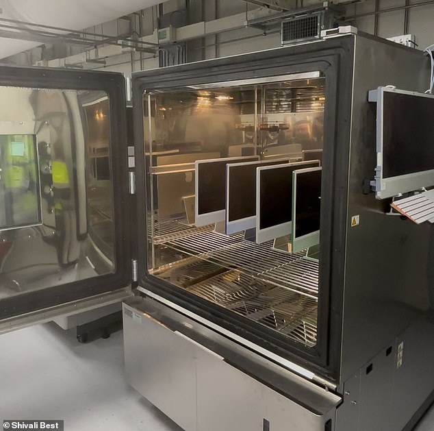 First up is a huge oven, where we find four iMacs (with a combined cost of over £5,000!) being blasted with 65°C temperatures and high humidity
