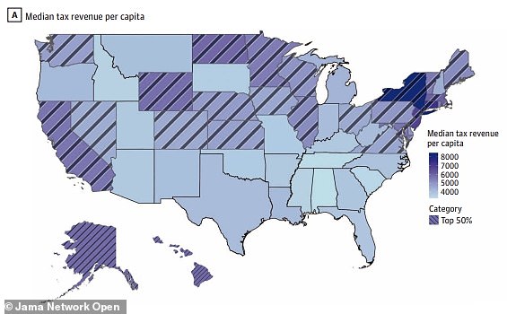 The above map shows the average tax revenue per capita in each state. New York, Connecticut and New Jersey all had the highest tax revenues