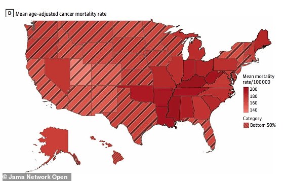The above map shows the average cancer mortality rate per state. Kentucky had the highest, which was closely followed by Mississippi