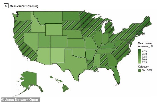 The above map shows the rate of cancer screening. Rhode Island consistently had the highest screening rates, while Alaska and Arizona had the lowest