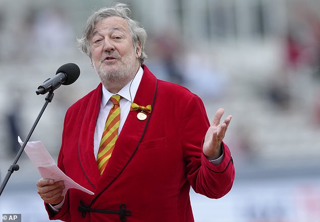 Broadcaster Stephen Fry, President of Marylebone Cricket Club, speaks on Red for Ruth Day, before the start of day two of the second Ashes Test cricket match in 2023