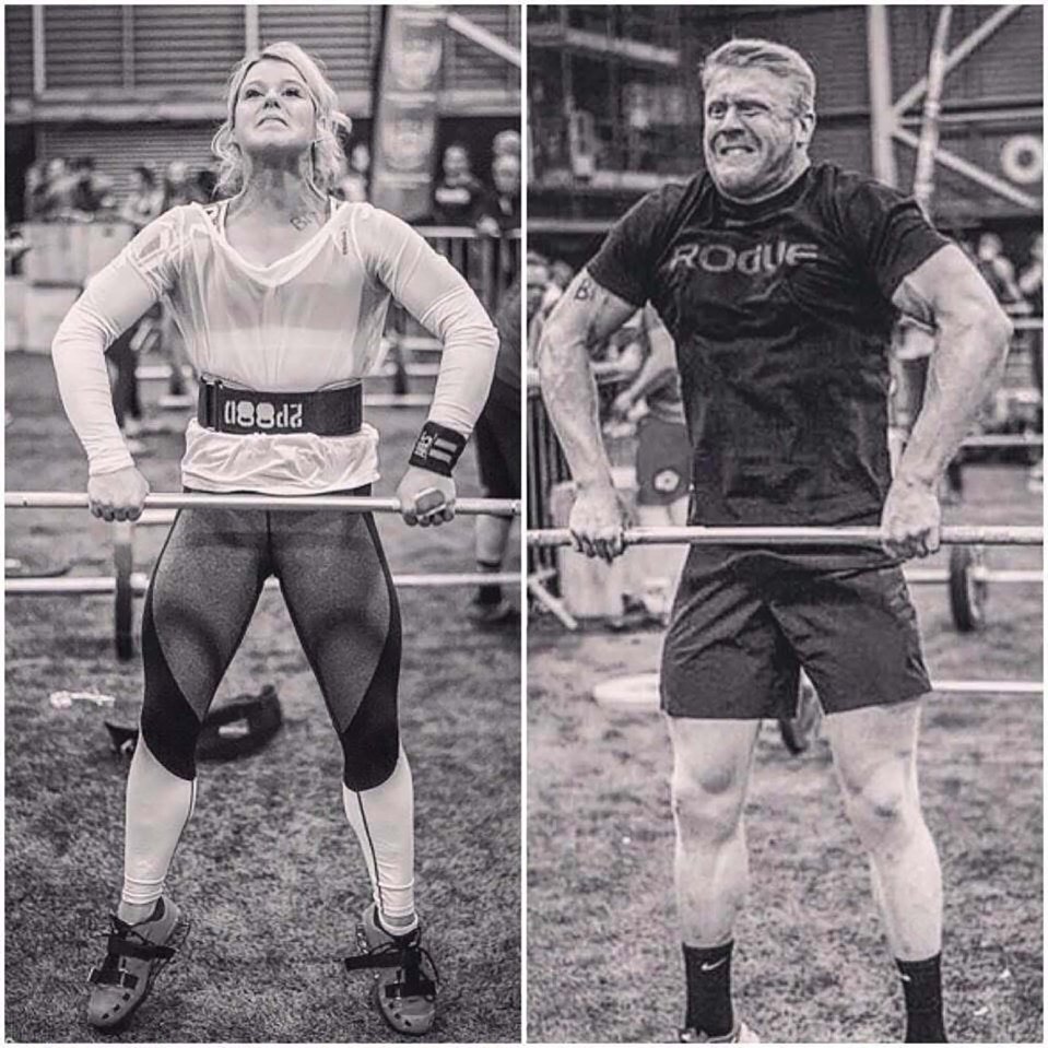 Black and white photo collage of a woman and a man weightlifting.