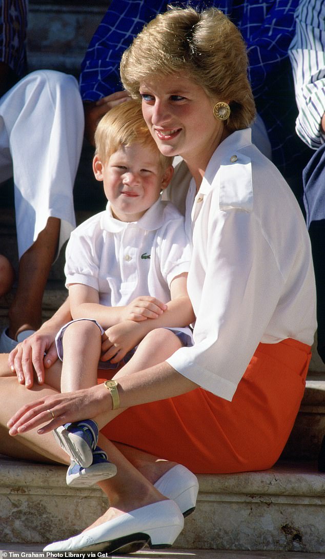 Prince Harry sitting on his late mother's lap during their summer holiday in Palma, Spain