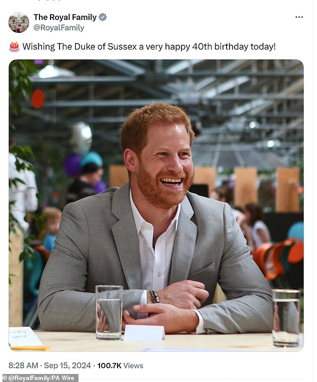 Prince Harry with a special birthday message from the Royal Family on his 40th birthday
