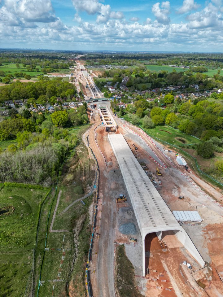 Aerial view of HS2 construction site in Burton Green, Warwickshire, showing a 700m tunnel under construction.