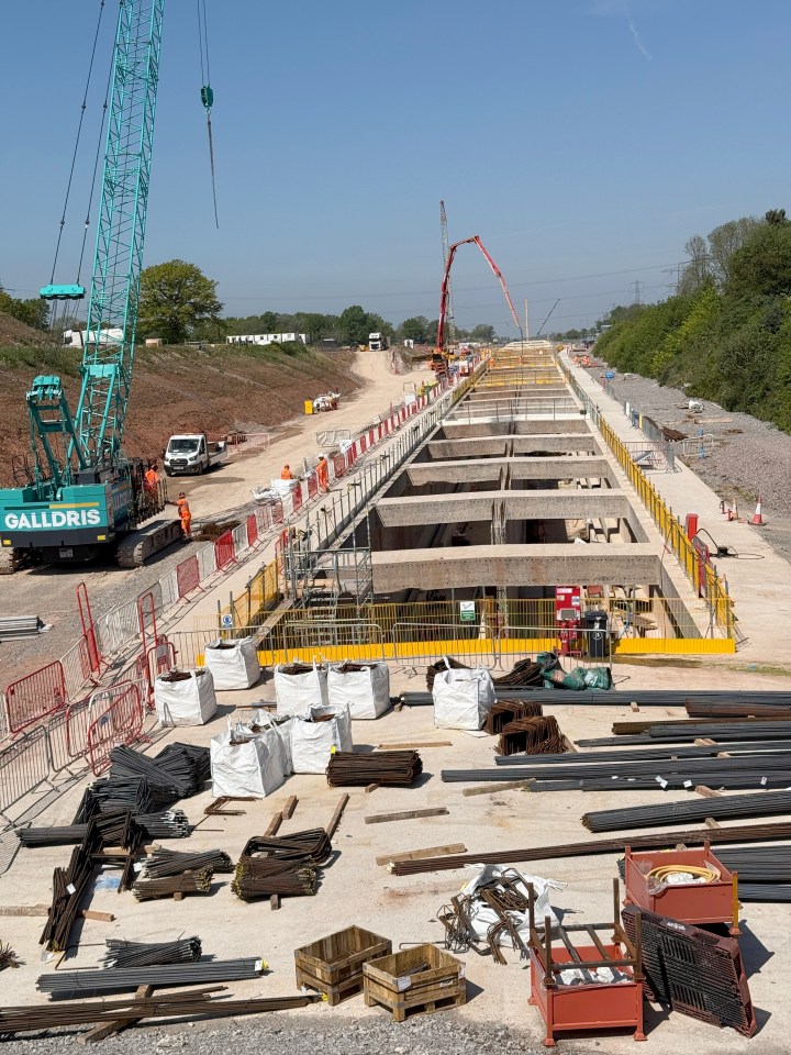 HS2 construction site in Burton Green, Warwickshire, showing a large tunnel under construction.
