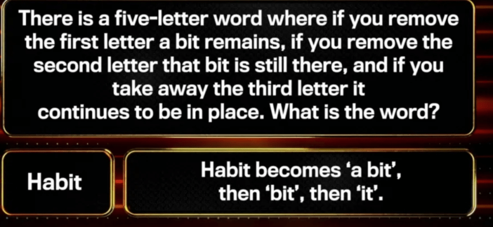 Word puzzle: removing letters from a five-letter word.  The answer is Habit.