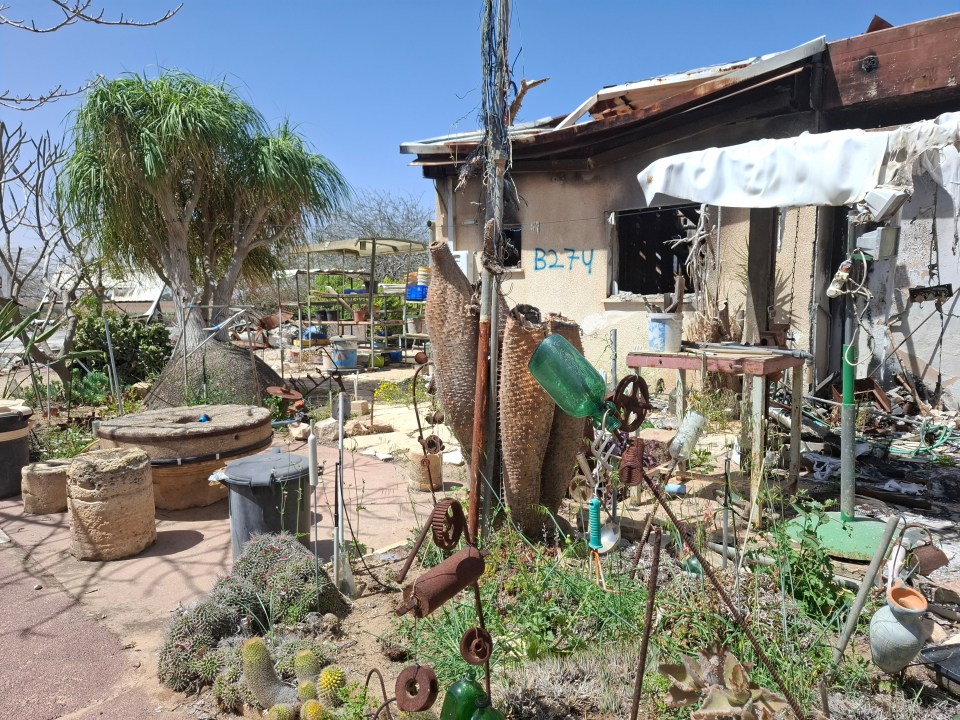 Damaged home and garden in Kibbutz Nir Oz, Israel.