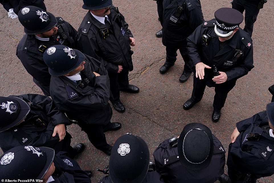 Police officers are briefed this morning ahead of a military procession marking the 80th anniversary of VE Day in London