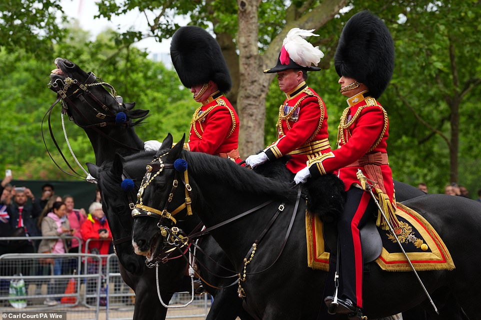 Members of the Household Division parade on The Mall ahead of the military procession through London today