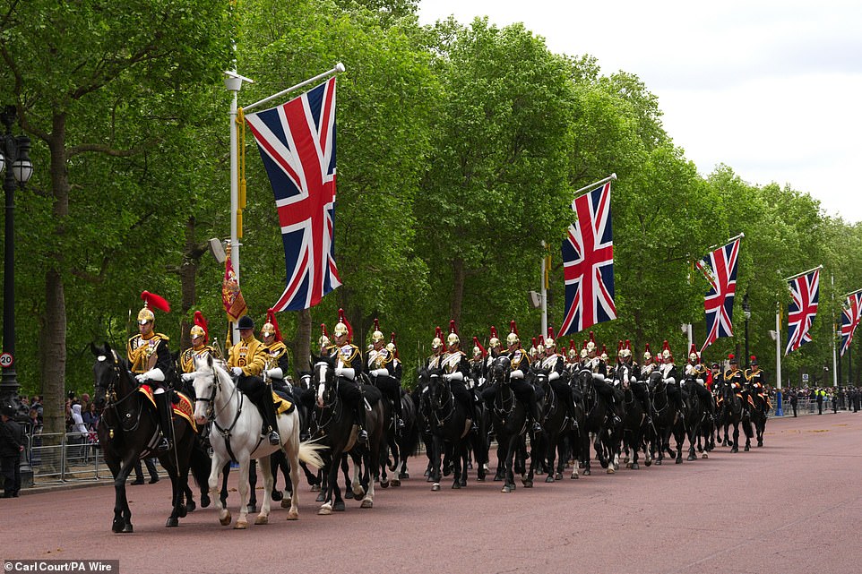 Members of the Household Cavalry Regiment parade on The Mall this morning ahead of the military procession