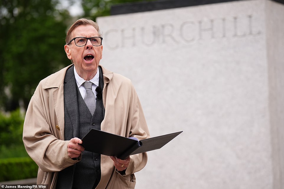 Actor Timothy Spall during rehearsals for his reading of Sir Winston Churchill's 1945 victory speech in London this morning