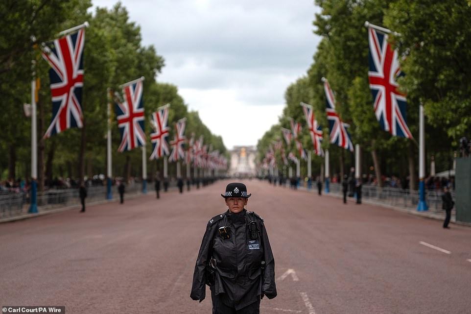 Police officers guard The Mall this morning ahead of a military procession marking the 80th anniversary of VE Day