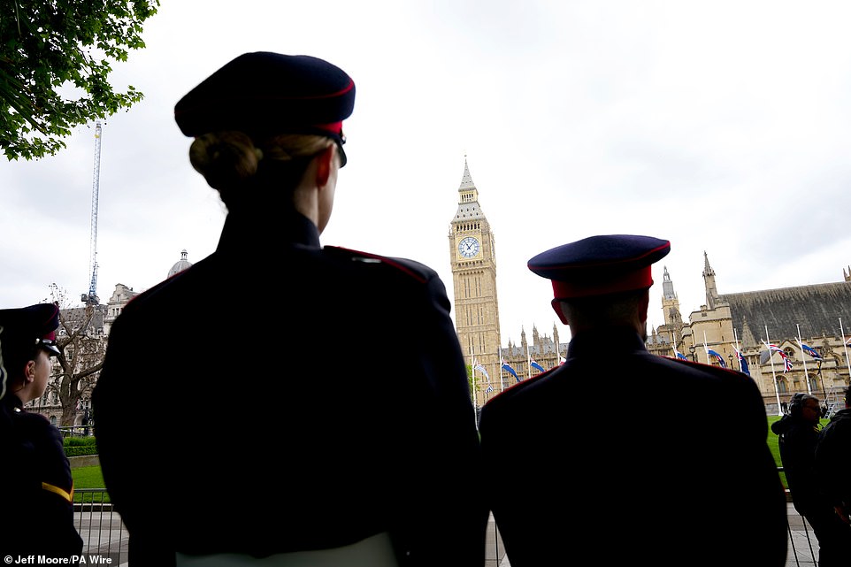 Military personnel near Parliament Square today ahead of the procession marking the 80th anniversary of VE Day today