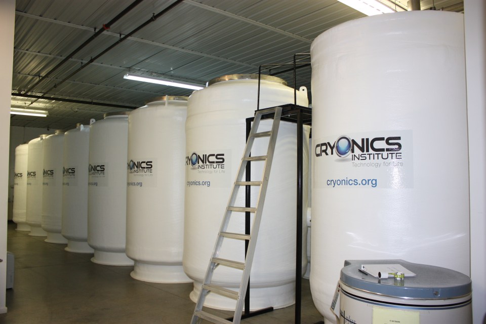 Row of cryogenic storage tanks.