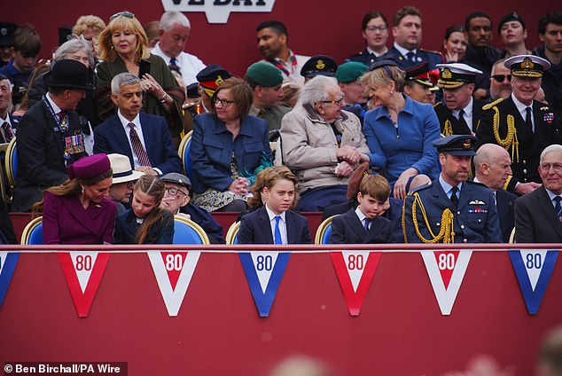 The royals sat in the front row of the audience to watch the procession. L-R: Princess of Wales, Princess Charlotte, Prince George, Prince Louis, Prince William