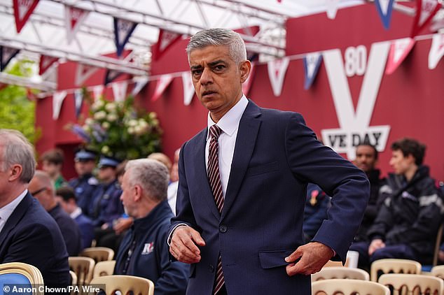 Mayor of London Sir Sadiq Khan arrives ahead of the military procession for the 80th anniversary of VE Day today